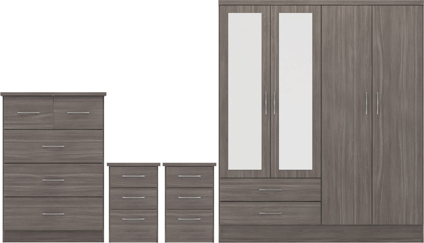 Nevada 4 Door 2 Drawer Wardrobe Bedroom Set - Black Wood Grain