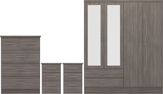 Nevada 4 Door 2 Drawer Wardrobe Bedroom Set - Black Wood Grain