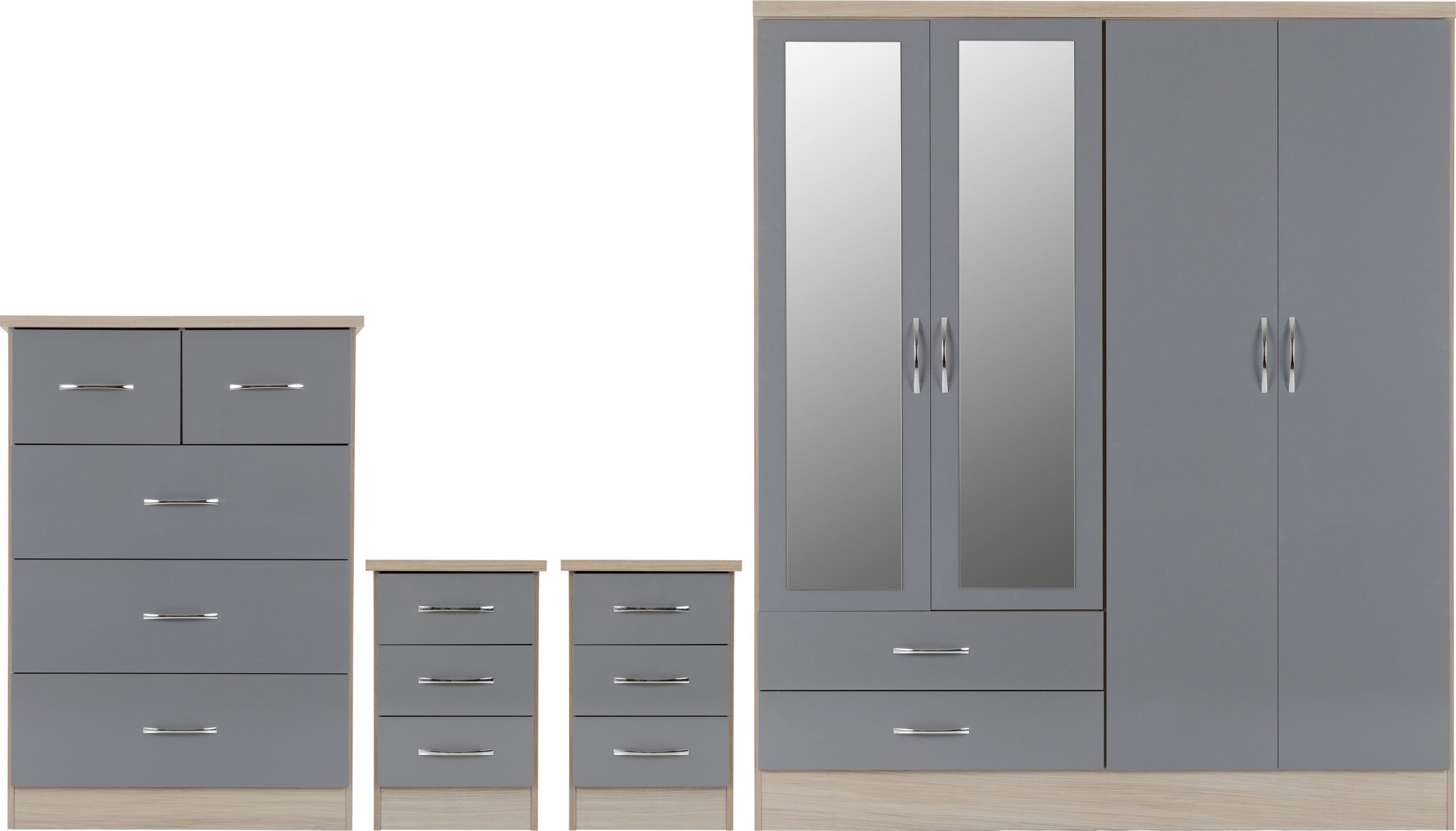 Nevada 4 Door 2 Drawer Wardrobe Bedroom Set - Grey Gloss/Light Oak Effect Veneer