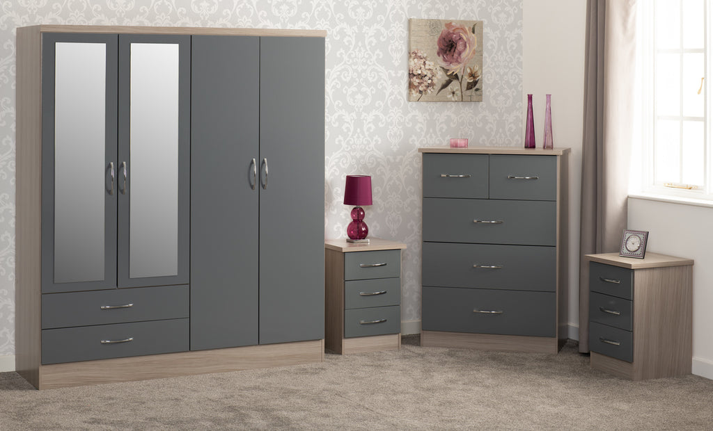 Nevada 4 Door 2 Drawer Wardrobe Bedroom Set - Grey Gloss/Light Oak Effect Veneer
