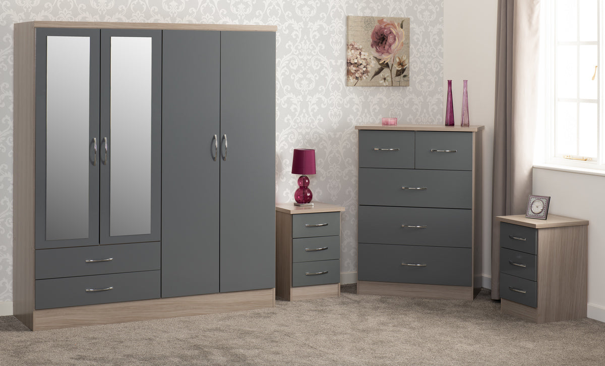 Nevada 4 Door 2 Drawer Wardrobe Bedroom Set - Grey Gloss/Light Oak Effect Veneer