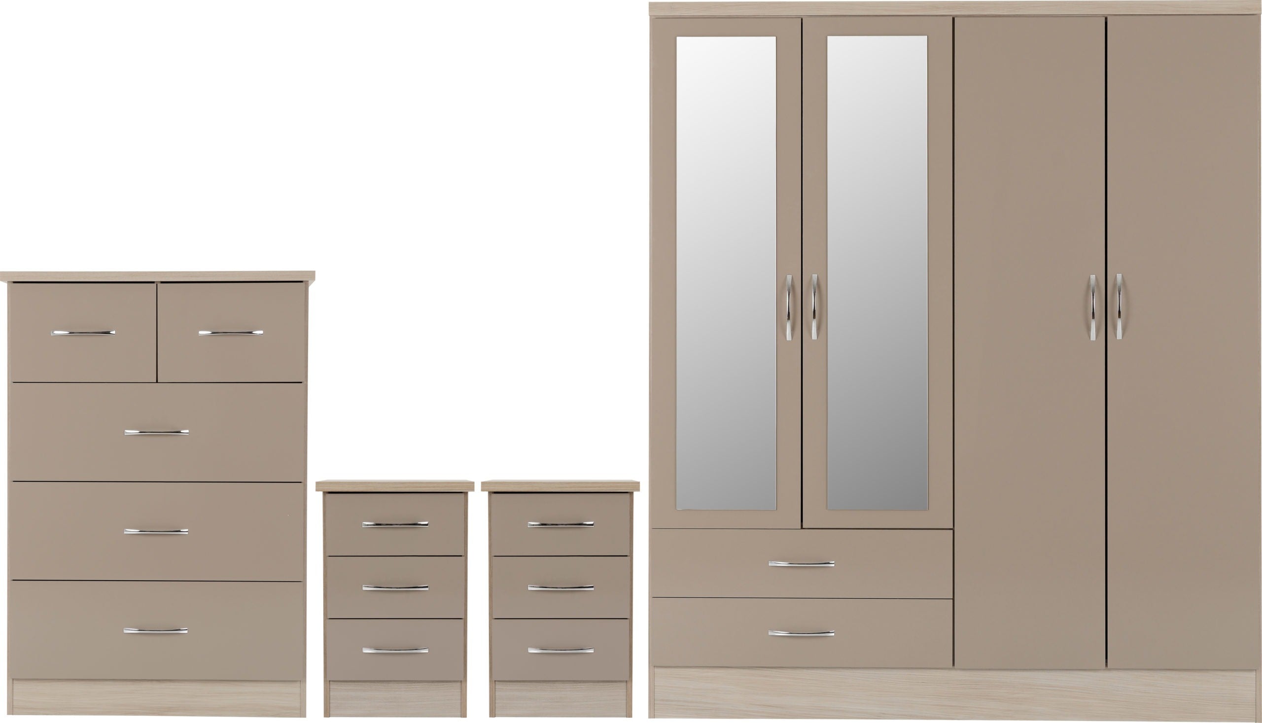 Nevada 4 Door 2 Drawer Wardrobe Bedroom Set - Oyster Gloss/Light Oak Effect Veneer