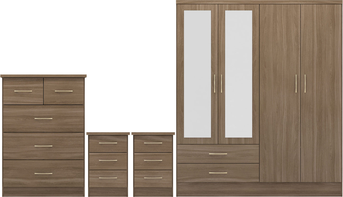 Nevada 4 Door 2 Drawer Wardrobe Bedroom Set - Rustic Oak Effect
