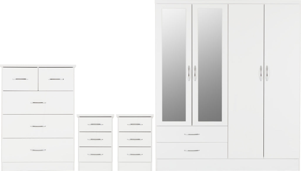 Nevada 4 Door 2 Drawer Wardrobe Bedroom Set - White Gloss