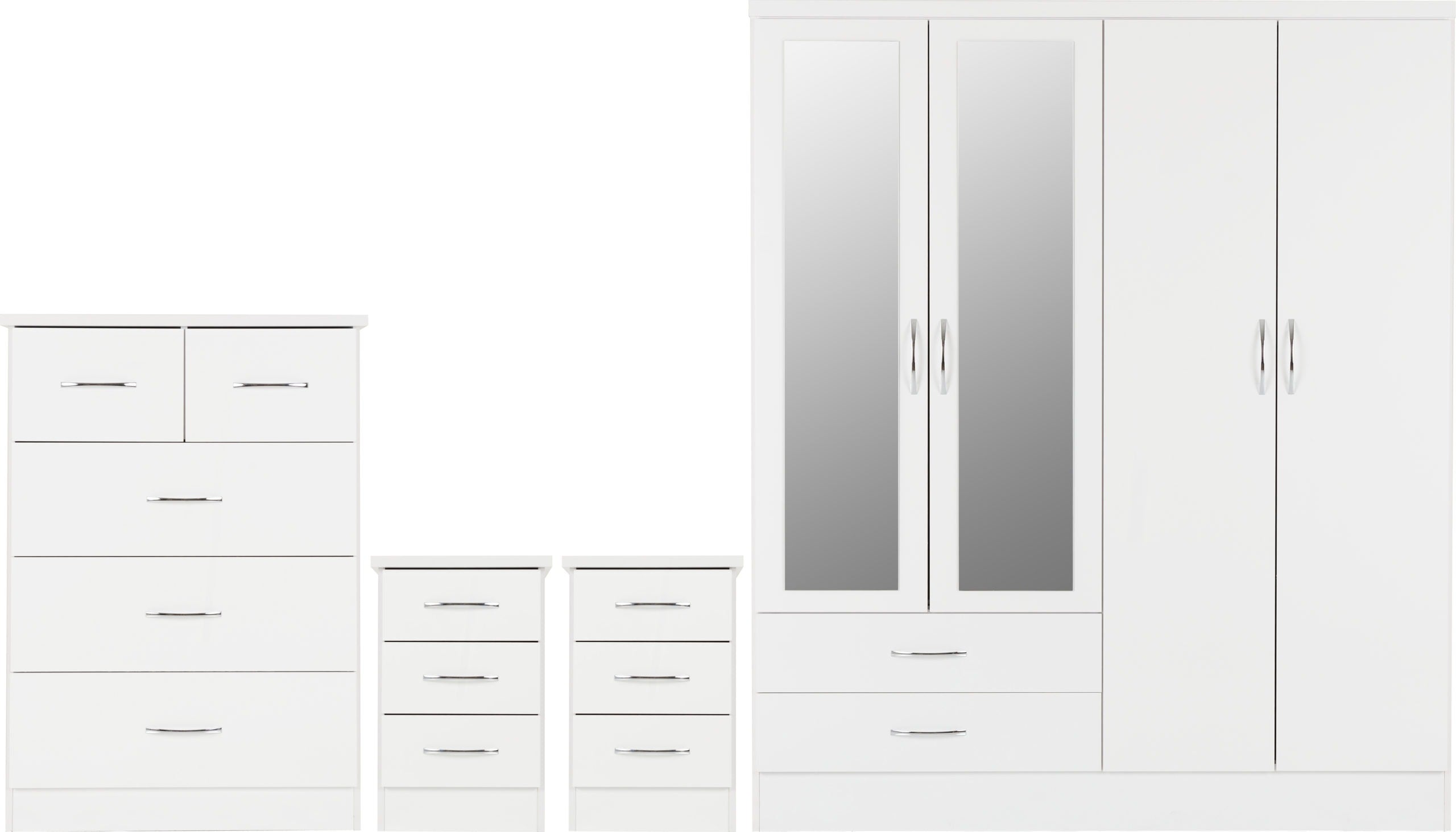 Nevada 4 Door 2 Drawer Wardrobe Bedroom Set - White Gloss