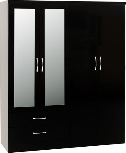 Nevada 4 Door 2 Drawer Wardrobe Bedroom Set - Black Gloss