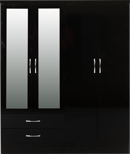 Nevada 4 Door 2 Drawer Wardrobe - Black Gloss
