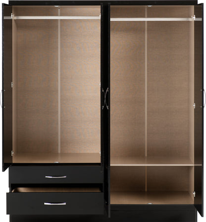 Nevada 4 Door 2 Drawer Wardrobe - Black Gloss