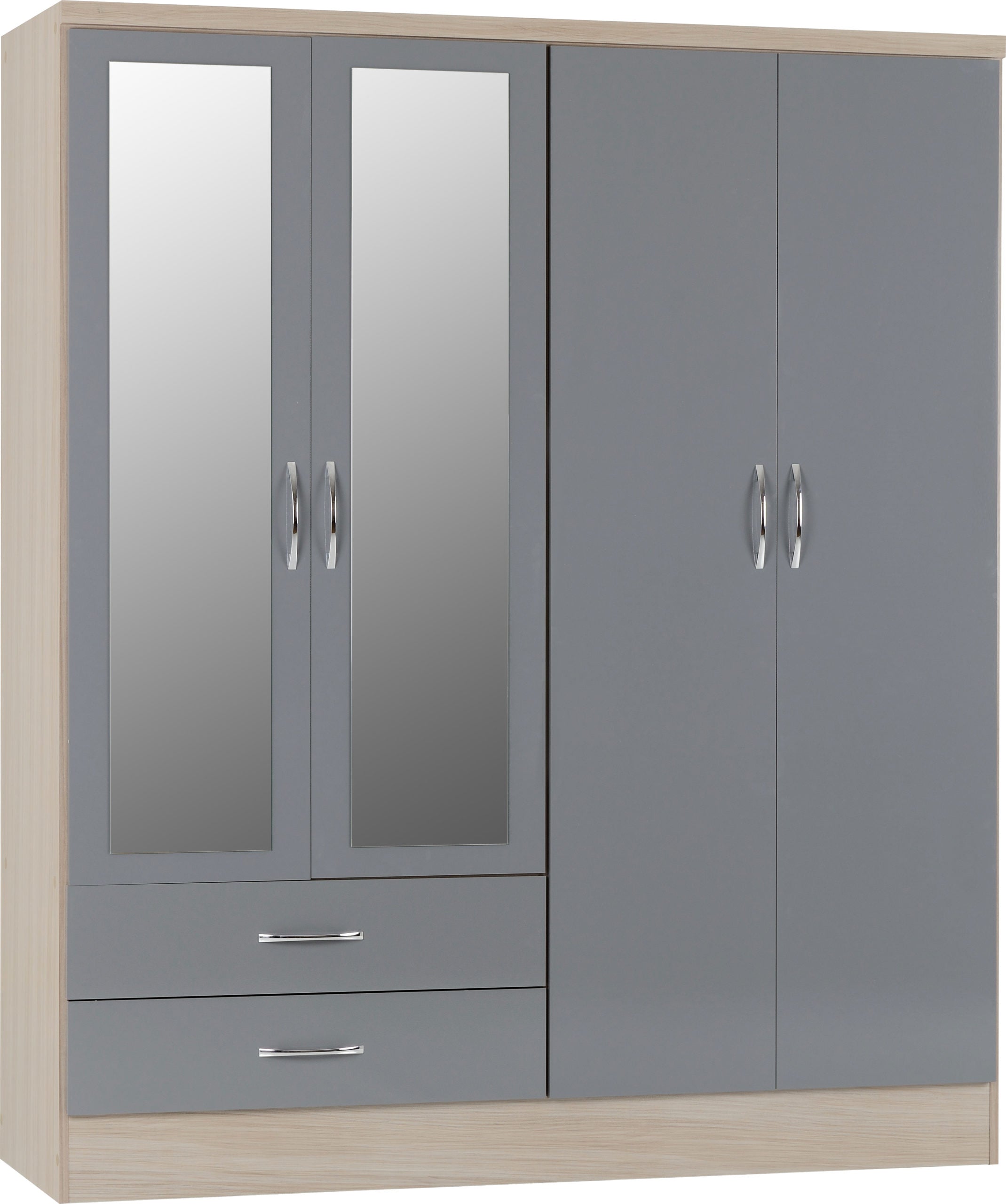 Nevada 4 Door 2 Drawer Wardrobe - Grey Gloss/Light Oak Effect Veneer