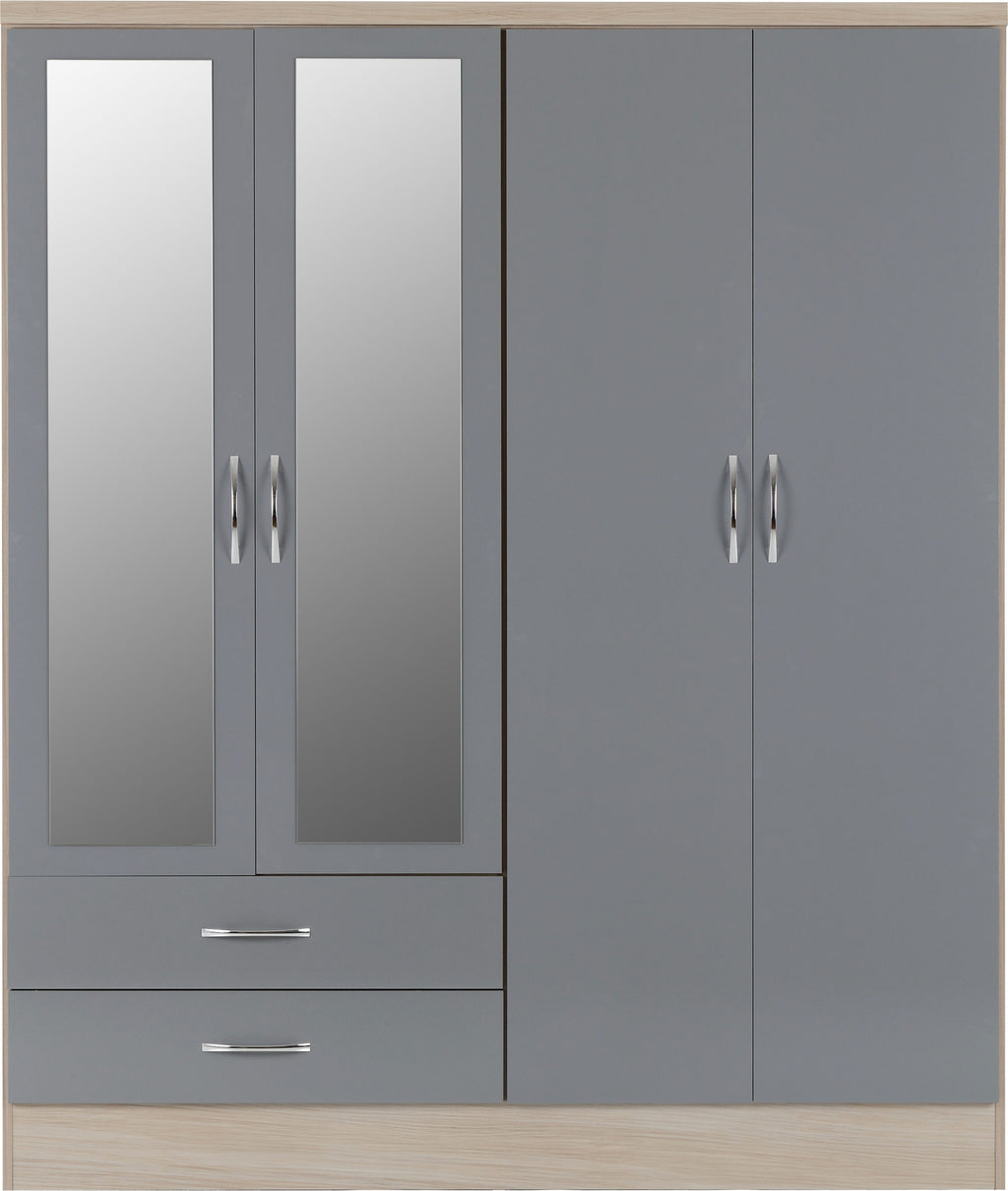 Nevada 4 Door 2 Drawer Wardrobe - Grey Gloss/Light Oak Effect Veneer