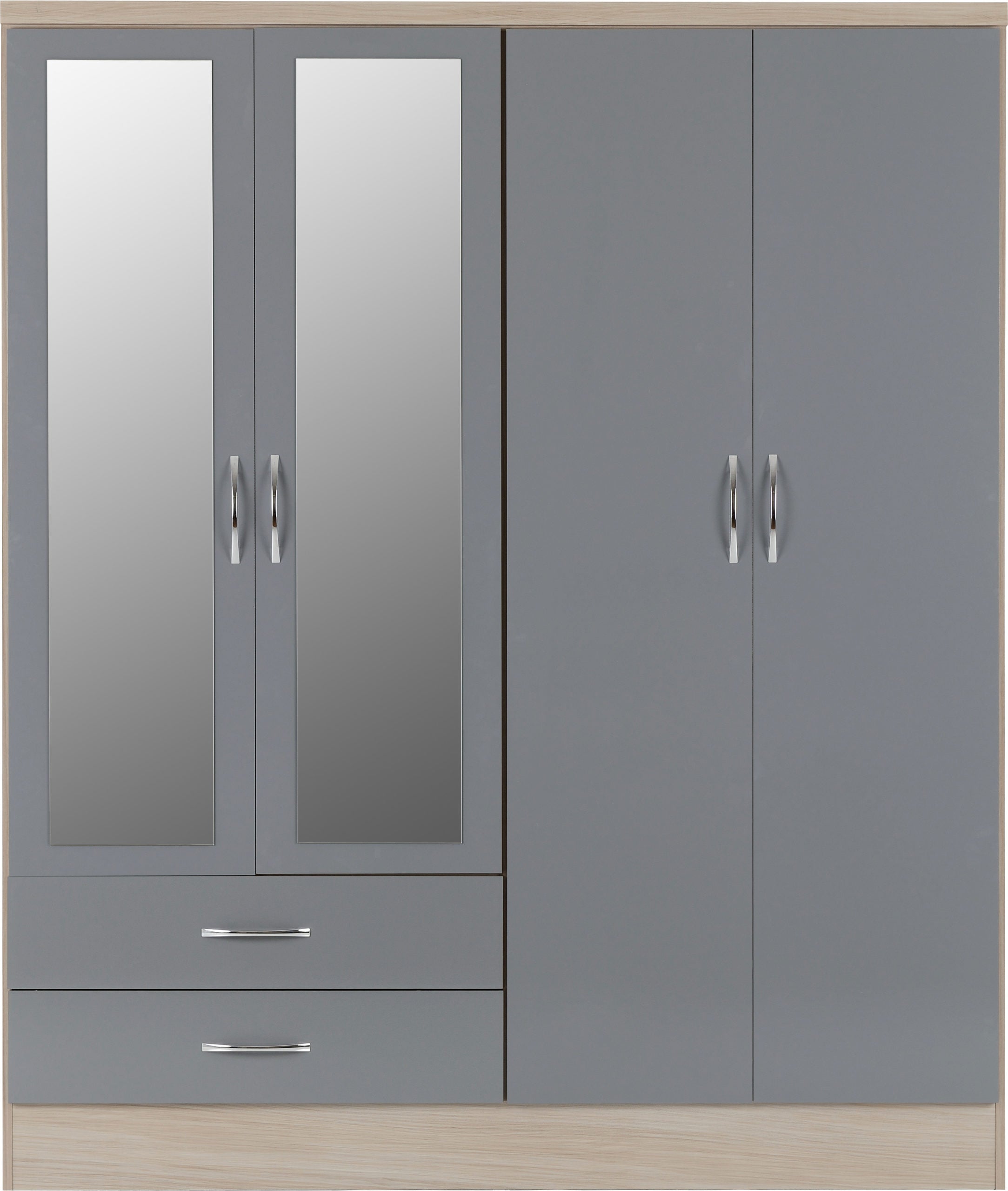 Nevada 4 Door 2 Drawer Wardrobe - Grey Gloss/Light Oak Effect Veneer