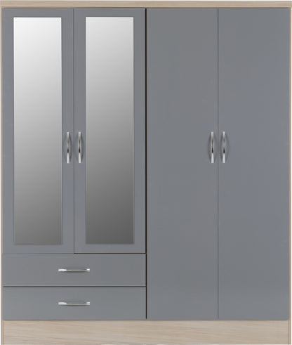 Nevada 4 Door 2 Drawer Wardrobe - Grey Gloss/Light Oak Effect Veneer