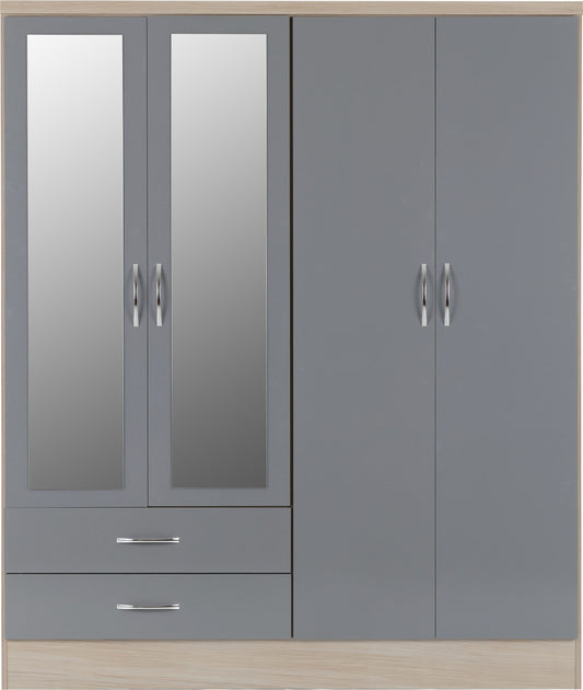 Nevada 4 Door 2 Drawer Wardrobe - Grey Gloss/Light Oak Effect Veneer