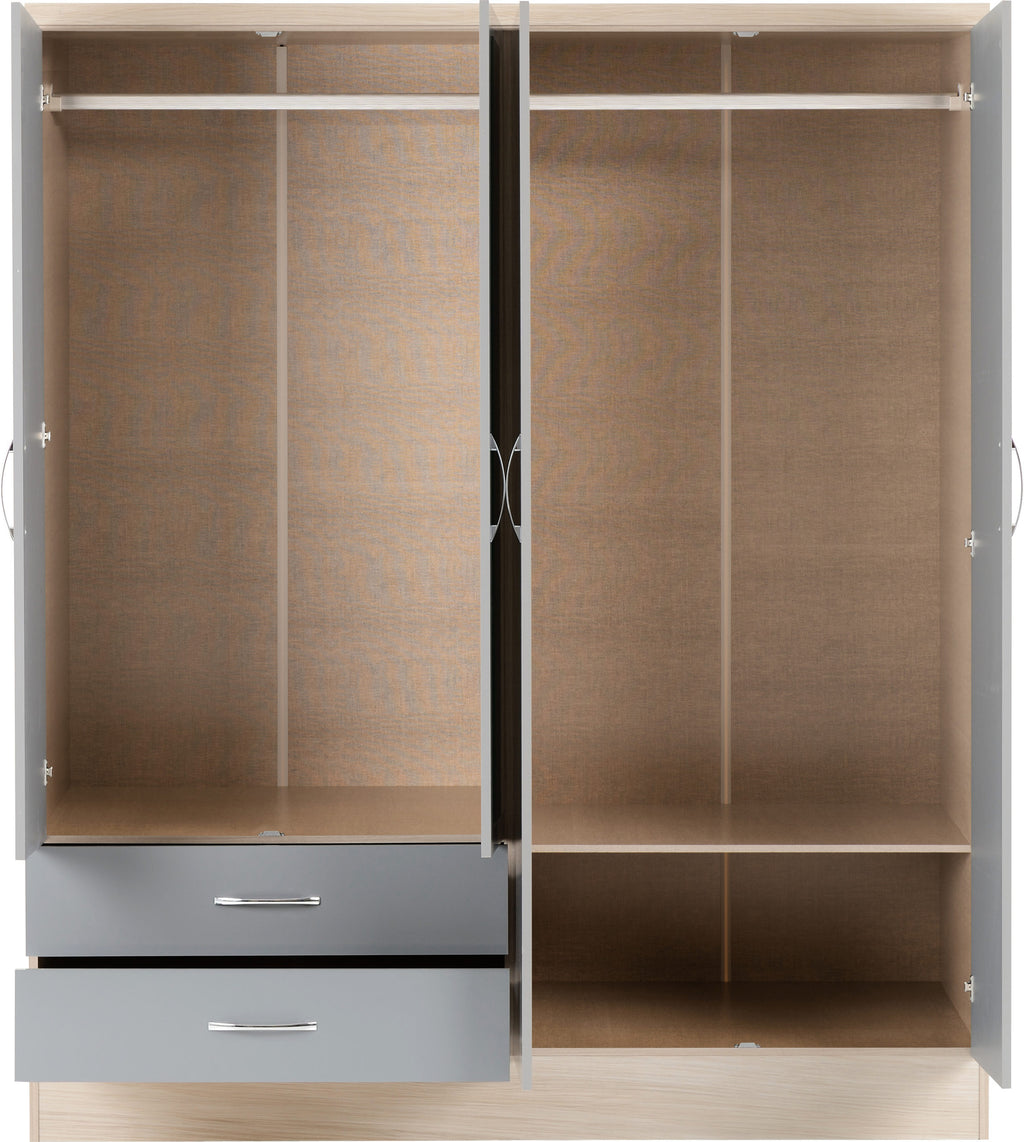 Nevada 4 Door 2 Drawer Wardrobe - Grey Gloss/Light Oak Effect Veneer
