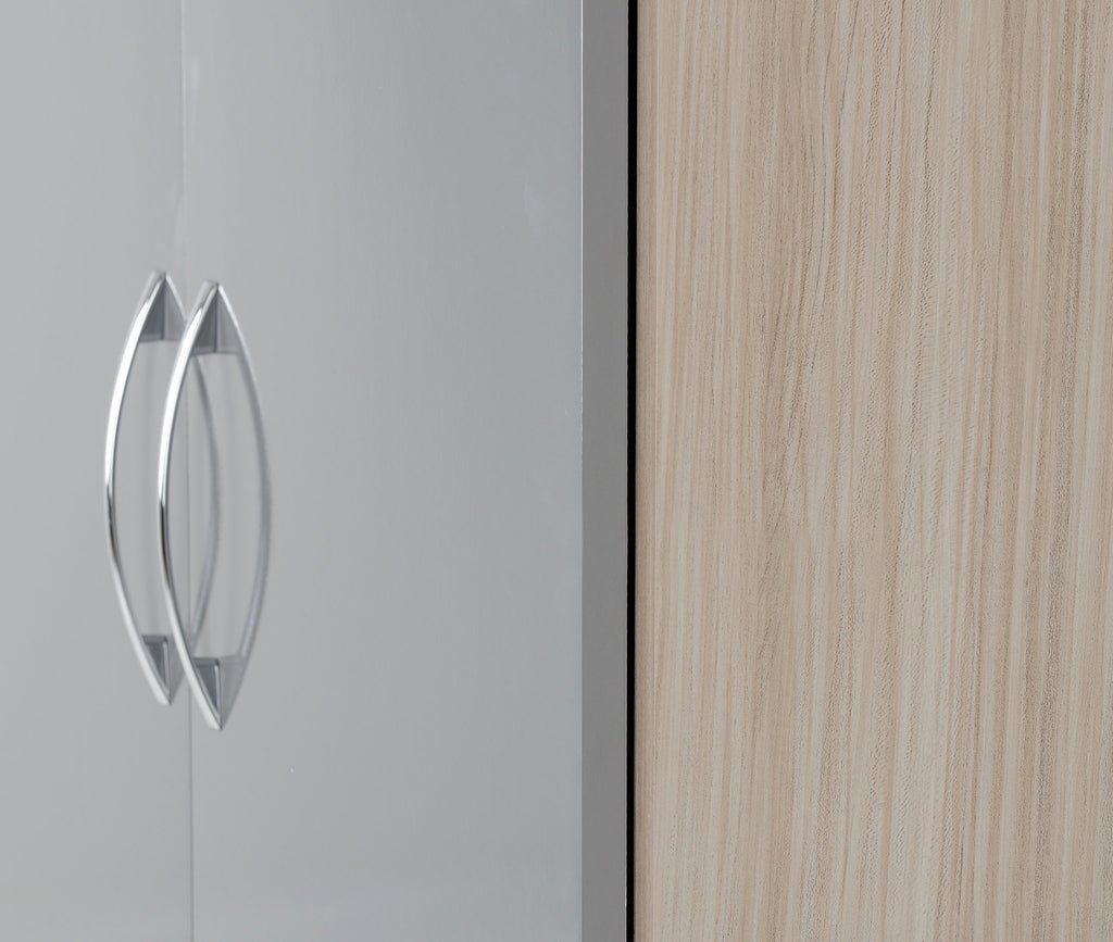 Nevada 4 Door 2 Drawer Wardrobe - Grey Gloss/Light Oak Effect Veneer