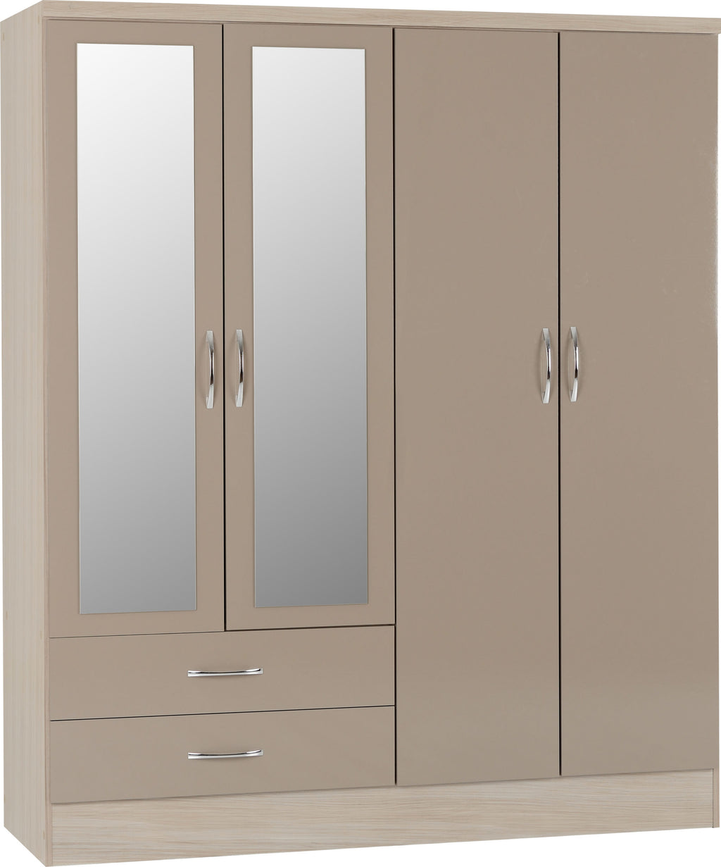 Nevada 4 Door 2 Drawer Wardrobe - Oyster Gloss/Light Oak Effect Veneer