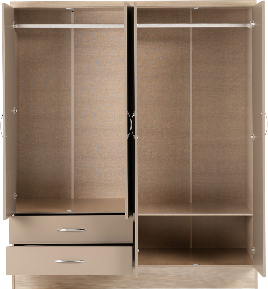 Nevada 4 Door 2 Drawer Wardrobe - Oyster Gloss/Light Oak Effect Veneer