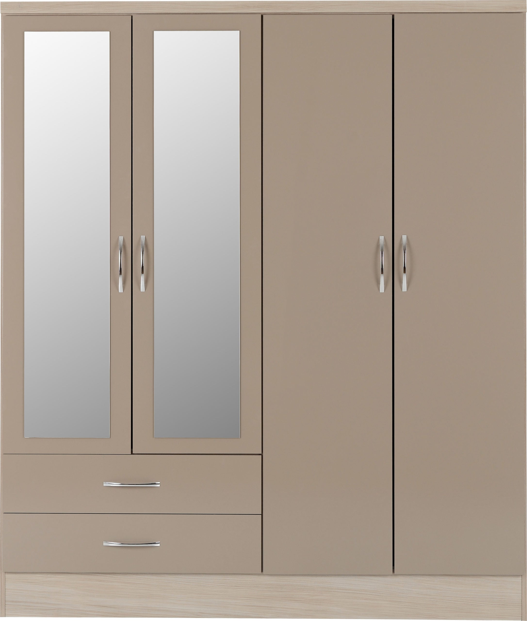 Nevada 4 Door 2 Drawer Wardrobe - Oyster Gloss/Light Oak Effect Veneer