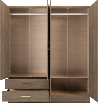 Nevada 4 Door 2 Drawer Wardrobe - Rustic Oak Effect