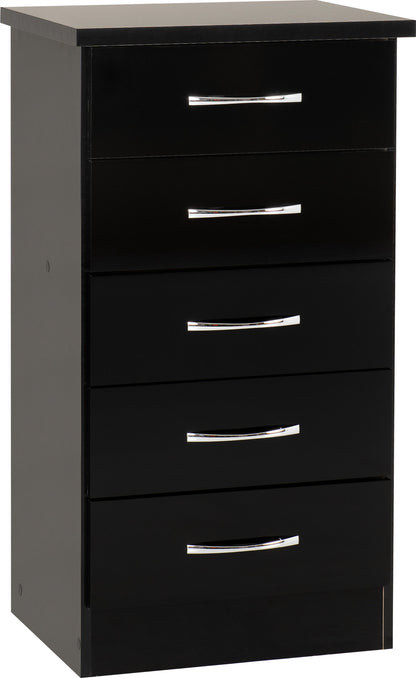 Nevada 5 Drawer Narrow Chest - Black Gloss