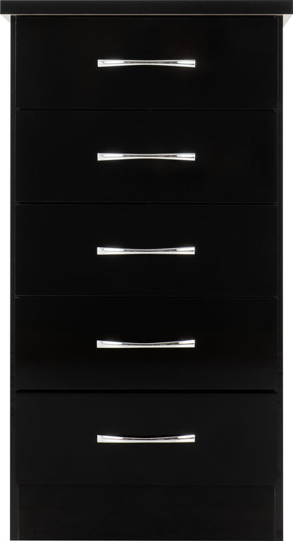Nevada 5 Drawer Narrow Chest - Black Gloss