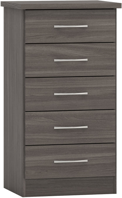 Nevada 5 Drawer Narrow Chest - Black Wood Grain