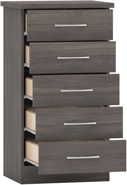 Nevada 5 Drawer Narrow Chest - Black Wood Grain