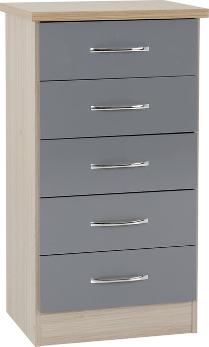 Nevada 5 Drawer Narrow Chest - Grey Gloss/Light Oak Effect Veneer