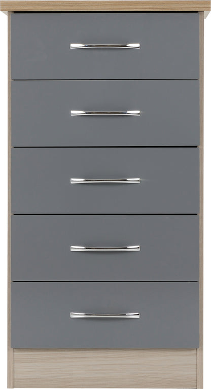 Nevada 5 Drawer Narrow Chest - Grey Gloss/Light Oak Effect Veneer