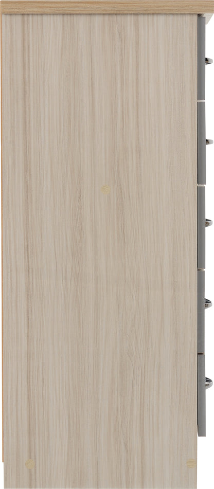 Nevada 5 Drawer Narrow Chest - Grey Gloss/Light Oak Effect Veneer
