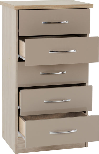 Nevada 5 Drawer Narrow Chest - Oyster Gloss/Light Oak Effect Veneer
