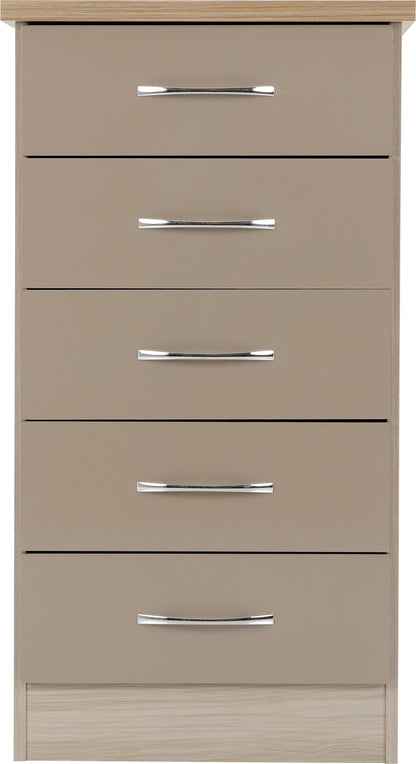 Nevada 5 Drawer Narrow Chest - Oyster Gloss/Light Oak Effect Veneer