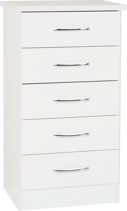 Nevada 5 Drawer Narrow Chest - White Gloss