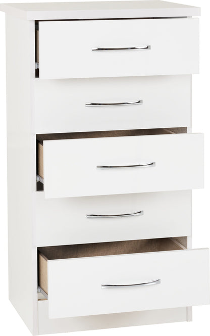 Nevada 5 Drawer Narrow Chest - White Gloss