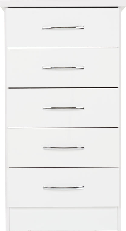 Nevada 5 Drawer Narrow Chest - White Gloss