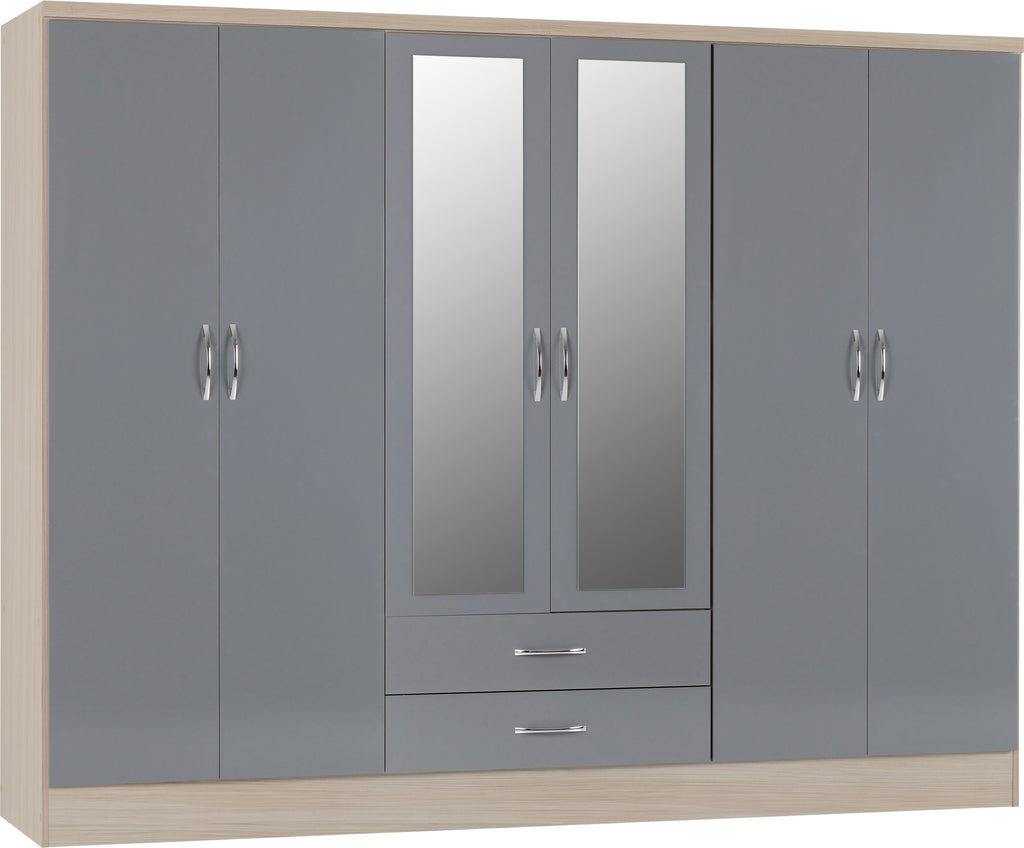 Nevada 6 Door 2 Drawer Wardrobe - Grey Gloss/Light Oak Effect Veneer