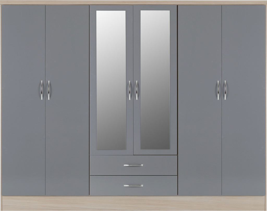Nevada 6 Door 2 Drawer Wardrobe - Grey Gloss/Light Oak Effect Veneer
