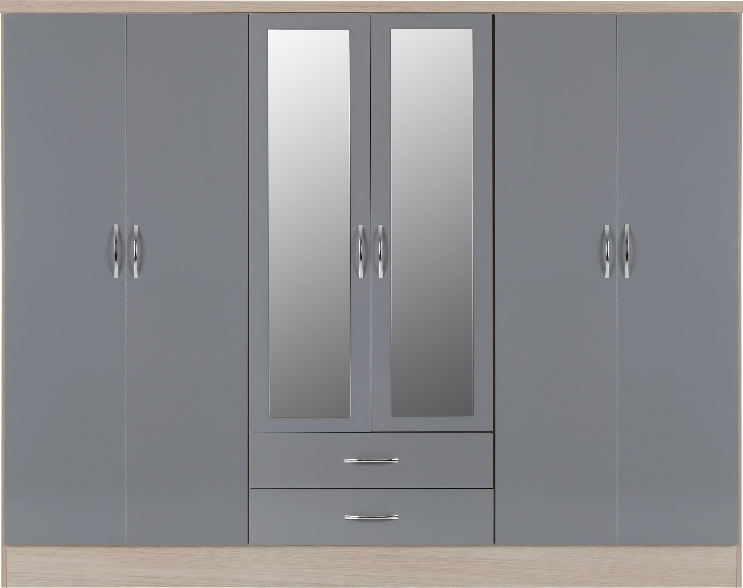 Nevada 6 Door 2 Drawer Wardrobe - Grey Gloss/Light Oak Effect Veneer