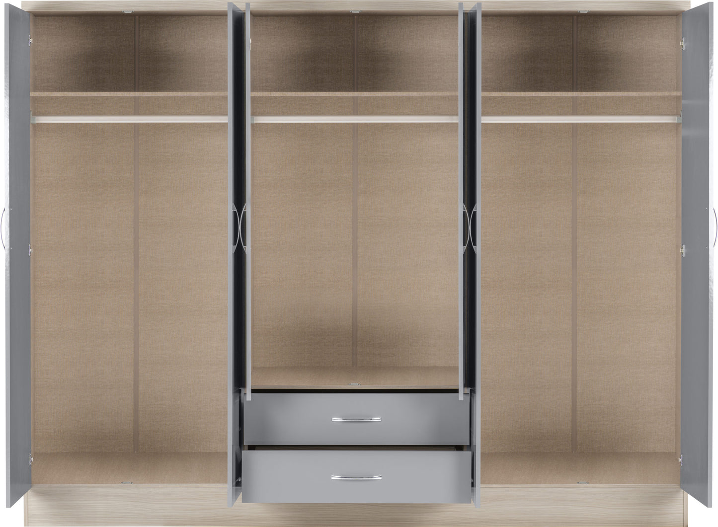 Nevada 6 Door 2 Drawer Wardrobe - Grey Gloss/Light Oak Effect Veneer