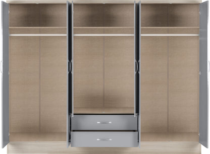 Nevada 6 Door 2 Drawer Wardrobe - Grey Gloss/Light Oak Effect Veneer