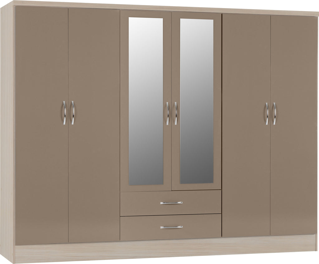 Nevada 6 Door 2 Drawer Wardrobe - Oyster Gloss/Light Oak Effect Veneer