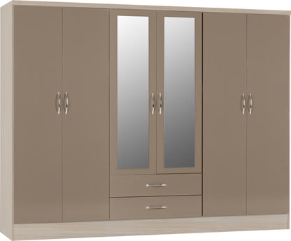 Nevada 6 Door 2 Drawer Wardrobe - Oyster Gloss/Light Oak Effect Veneer