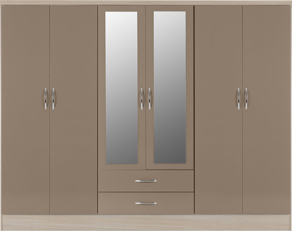Nevada 6 Door 2 Drawer Wardrobe - Oyster Gloss/Light Oak Effect Veneer