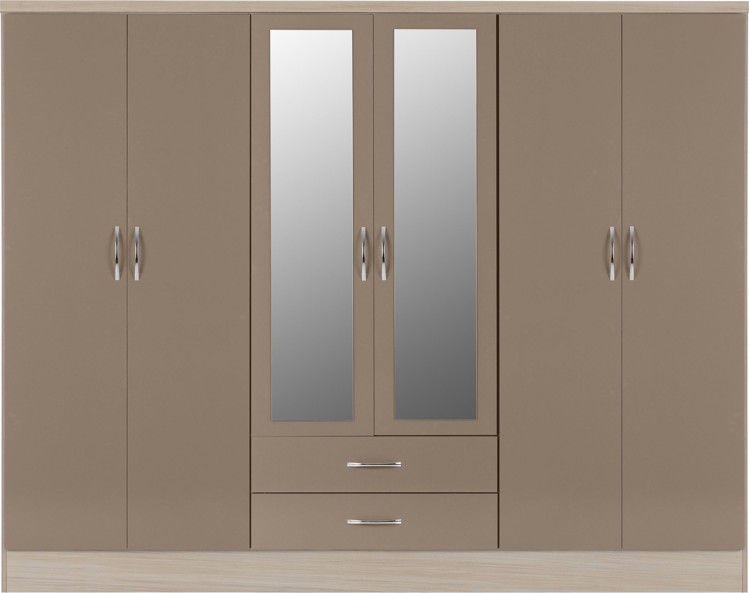 Nevada 6 Door 2 Drawer Wardrobe - Oyster Gloss/Light Oak Effect Veneer