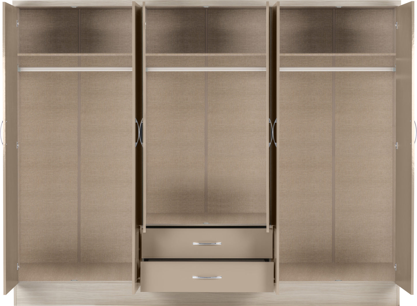 Nevada 6 Door 2 Drawer Wardrobe - Oyster Gloss/Light Oak Effect Veneer