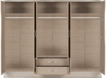 Nevada 6 Door 2 Drawer Wardrobe - Oyster Gloss/Light Oak Effect Veneer