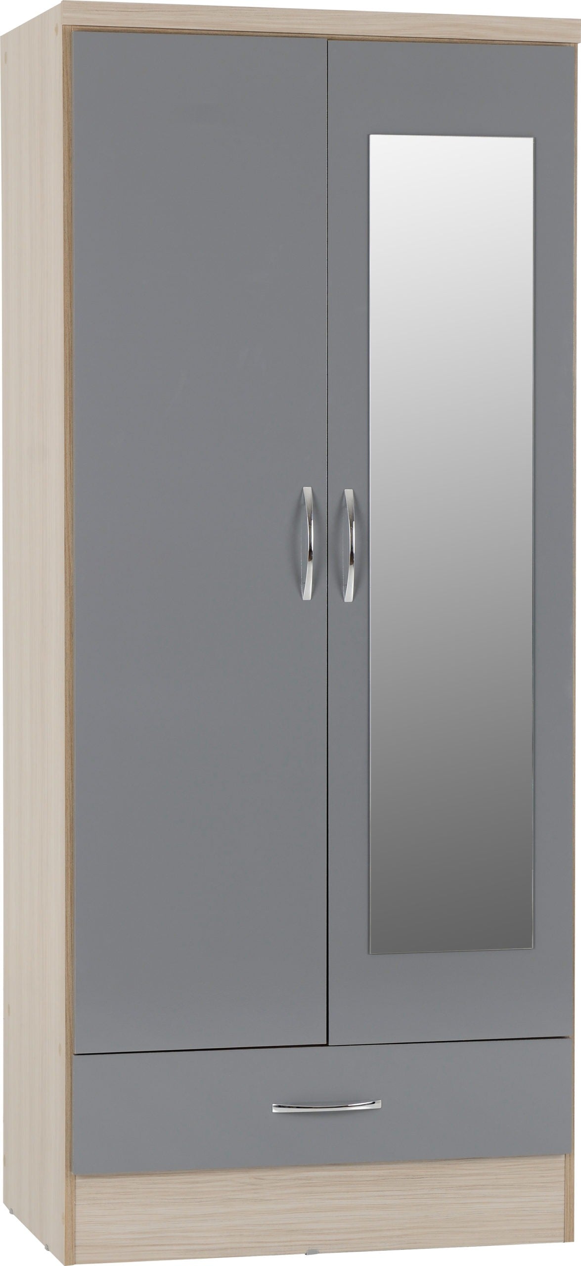 Nevada Mirrored 2 Door Wardrobe - Grey Gloss/Light Oak Effect Veneer
