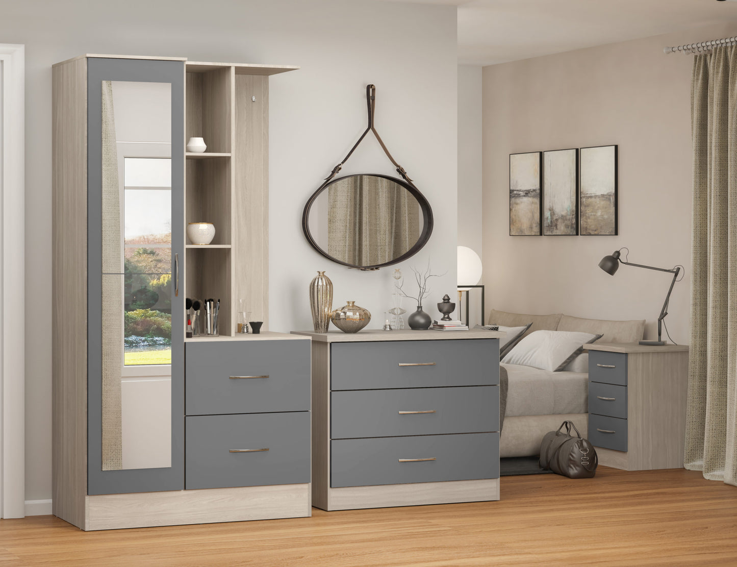 Nevada Mirrored Open Shelf Wardrobe - Grey Gloss/Light Oak Effect Veneer