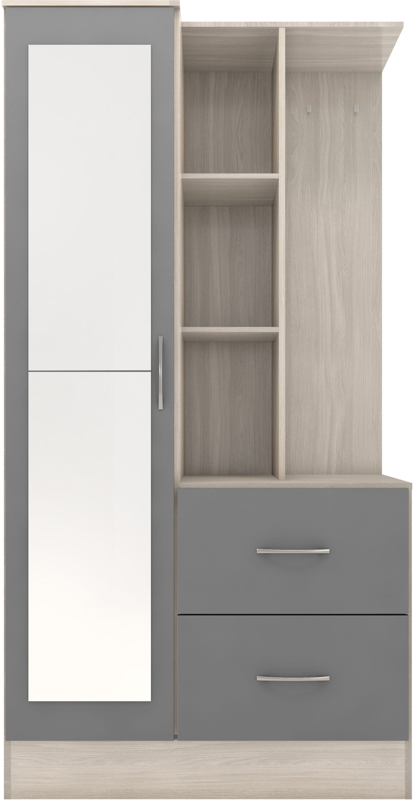 Nevada Mirrored Open Shelf Wardrobe - Grey Gloss/Light Oak Effect Veneer