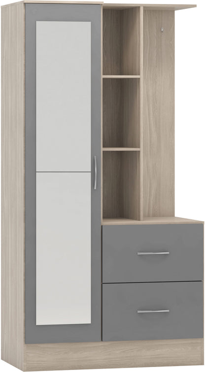 Nevada Mirrored Open Shelf Wardrobe - Grey Gloss/Light Oak Effect Veneer